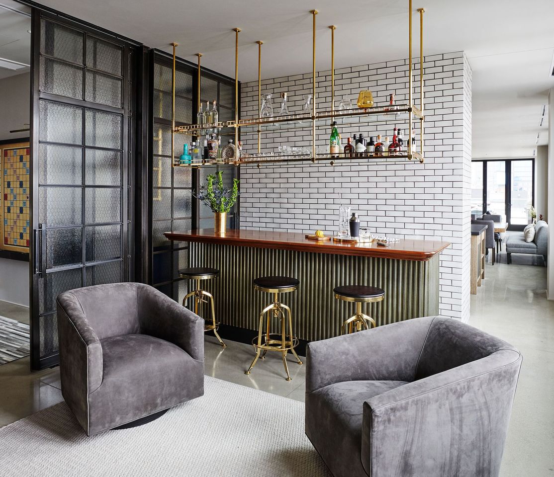 12_19-bar with stools and brass shelving bentwood luxury kitchens