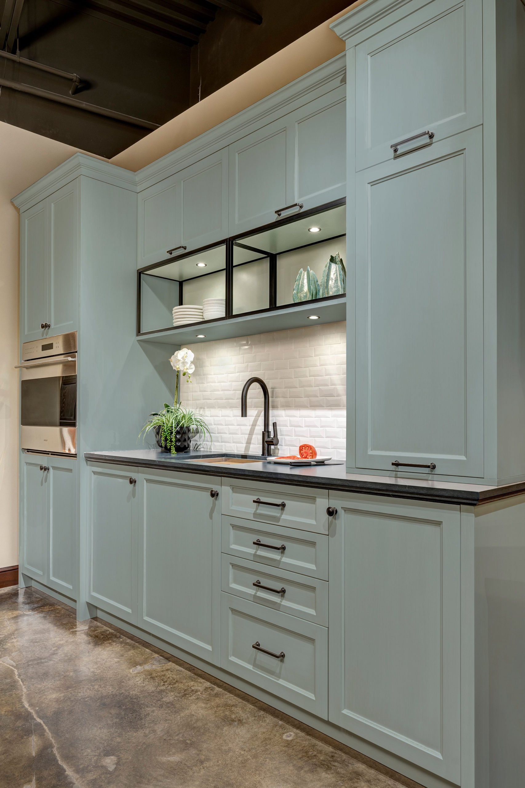 Kitchen cabinets painted in Dutch Tile Blue SW Color match