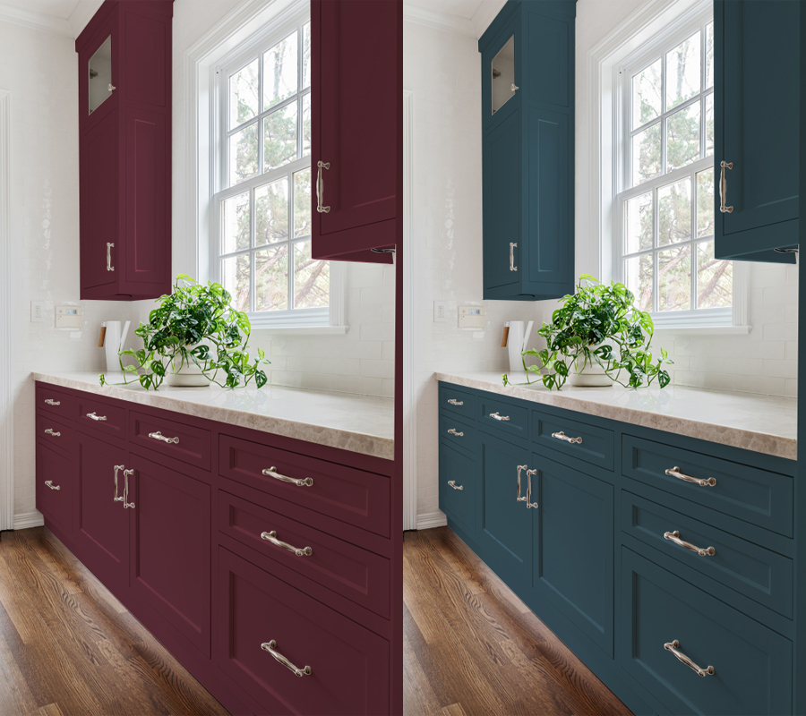 Kitchen cabinets in SW colors Burgundy and Seaworthy