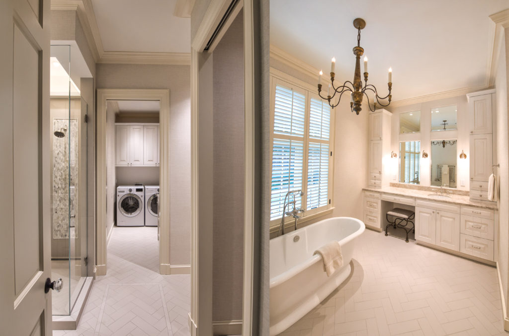 side by side photo of laundry space and bathroom