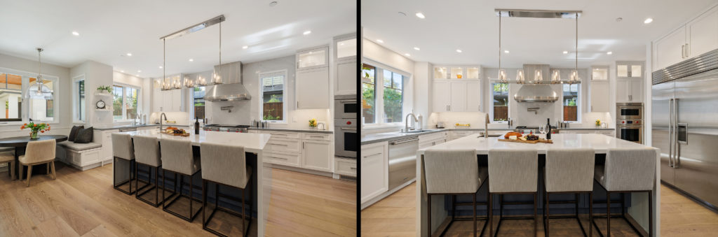 two views of a family kitchen