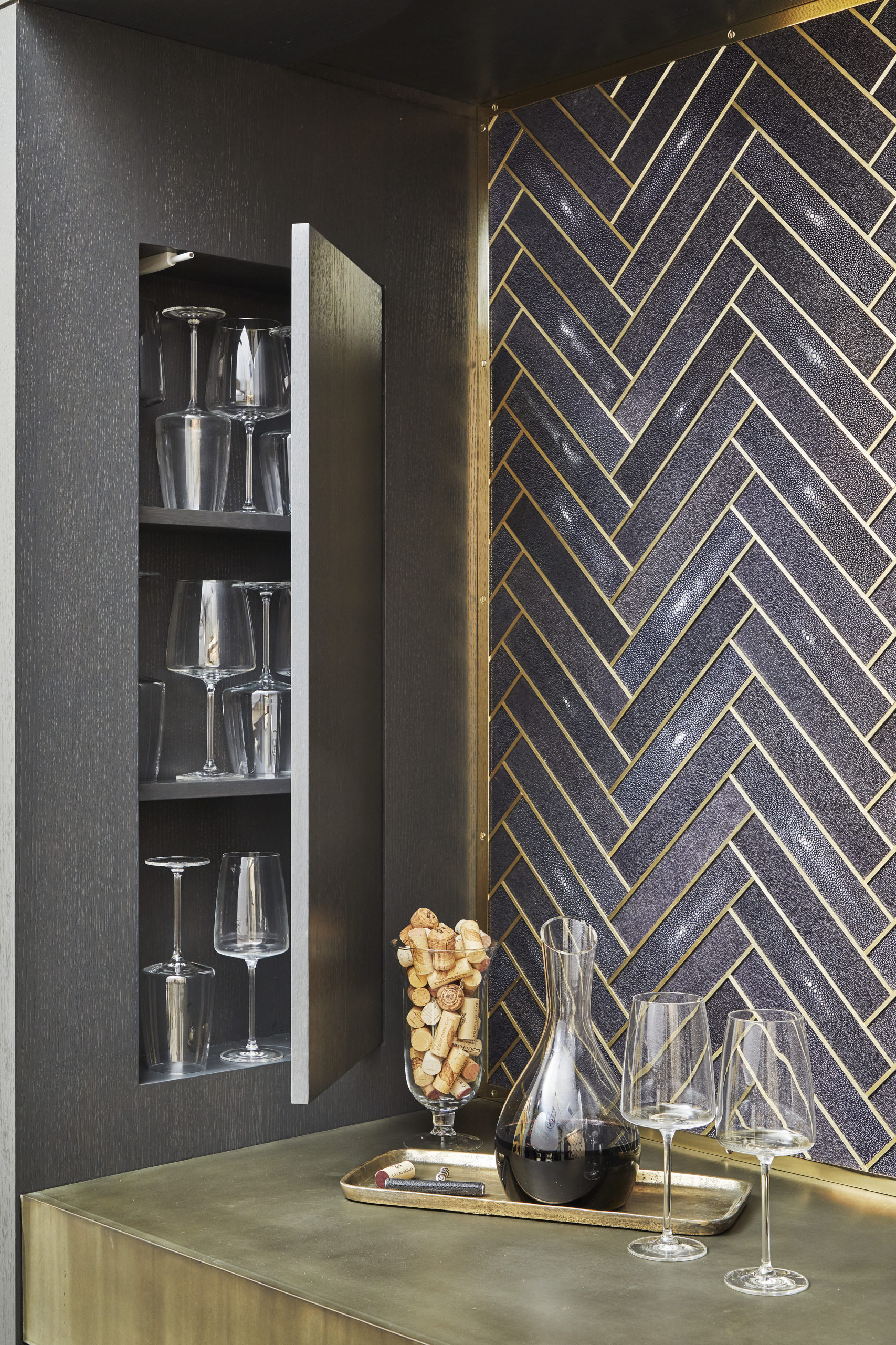 built-in hidden wine glass storage