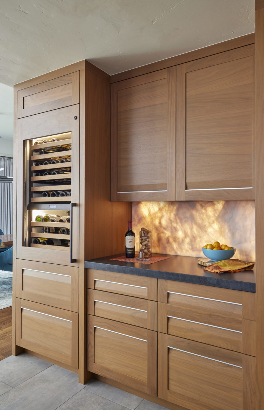 Wood kitchen cabinets with Column wine refrigerator