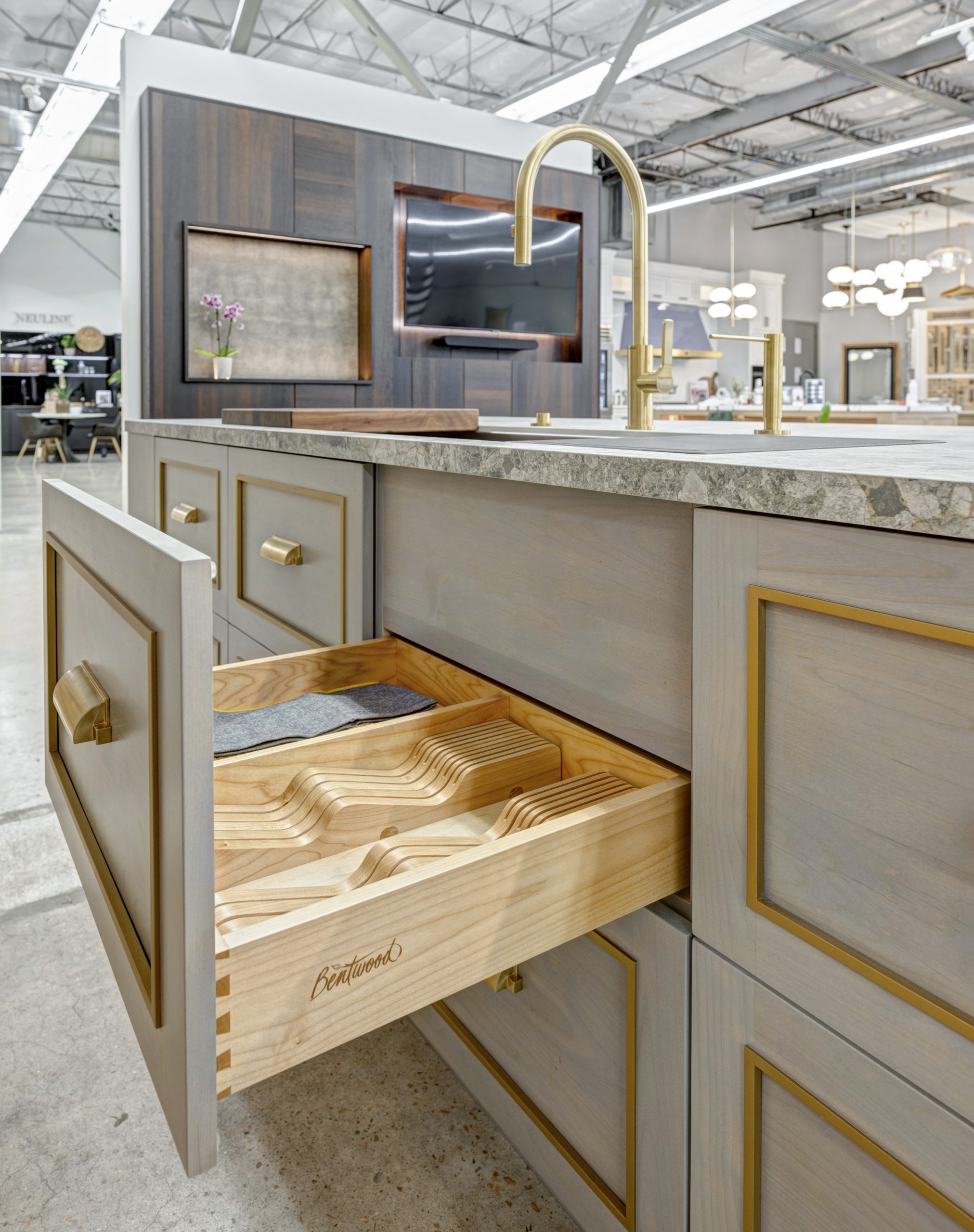 open cabinet drawer in kitchen island