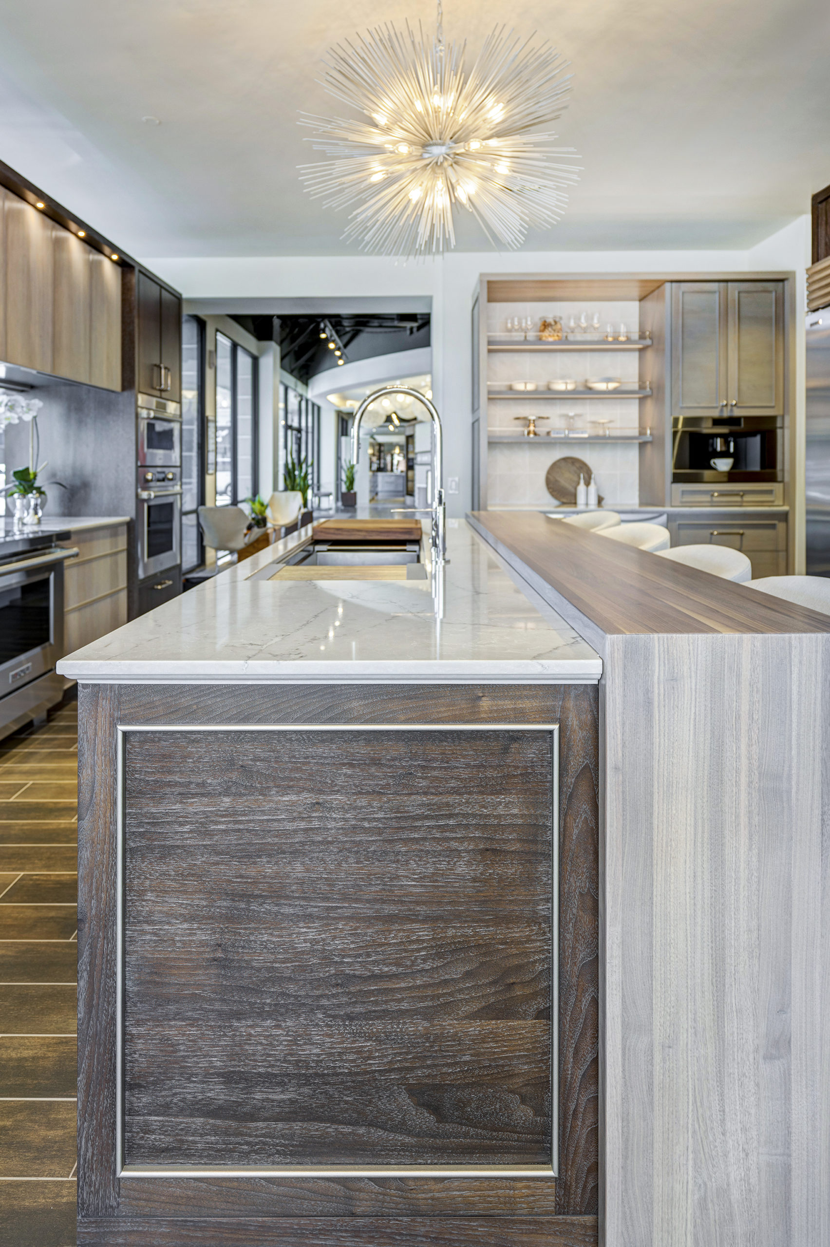Warm wood grain on kitchen cabinetry