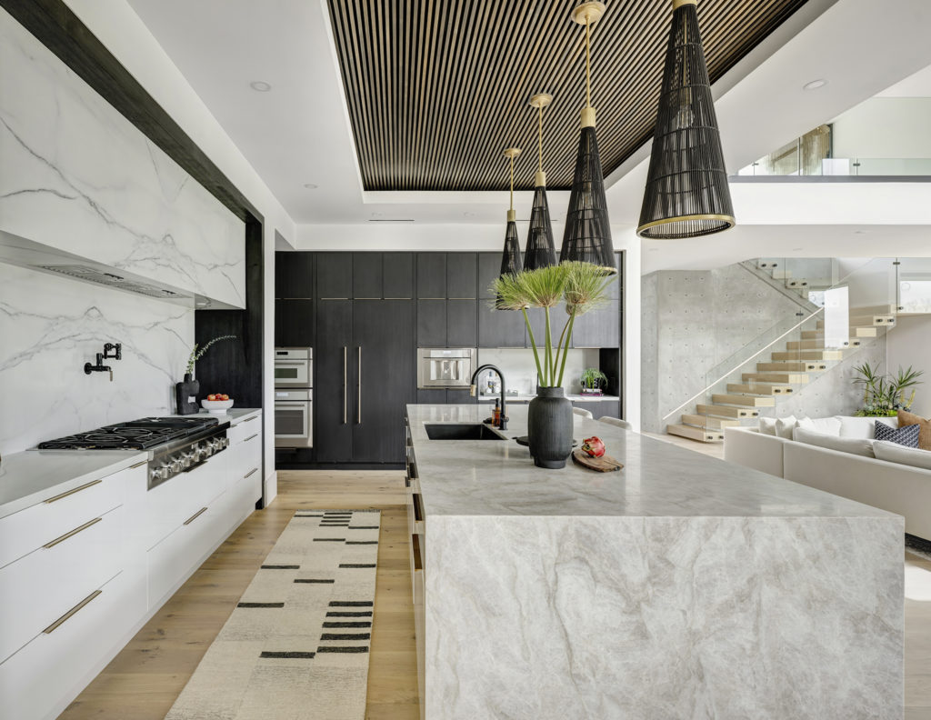 Dark cabinetry with polish white stone for contrast