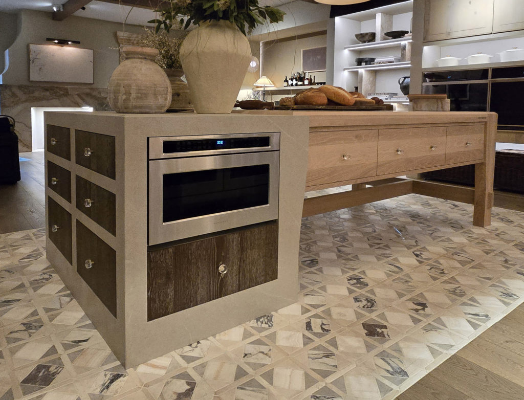 BLK & BWD 4.10 - CORRECTED Grothouse Lumber created this unique cantilevered wood trestle furniture piece.